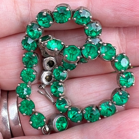 VINTAGE ART DECO STERLING SILVER EMERALD GREEN RHINESTONES TENNIS BRACELET